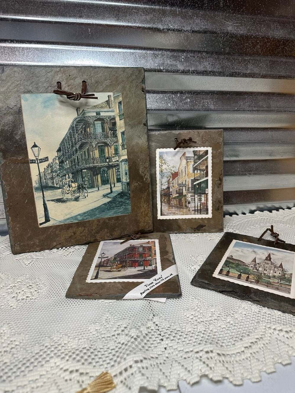 Vintage K. Engelhardt Art on Authentic 175-Year-Old Roofing Slate, 4-Piece Set